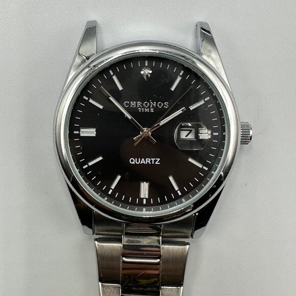 Chronos Time Watch Men Silver Tone Black Dial 41MM Date Window New Battery - Picture 1 of 9